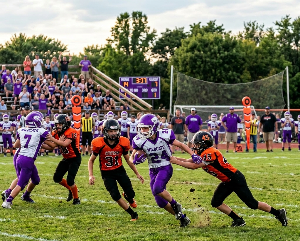 Youth football player in blue jersey running with ball while opponents in orange try to tackle